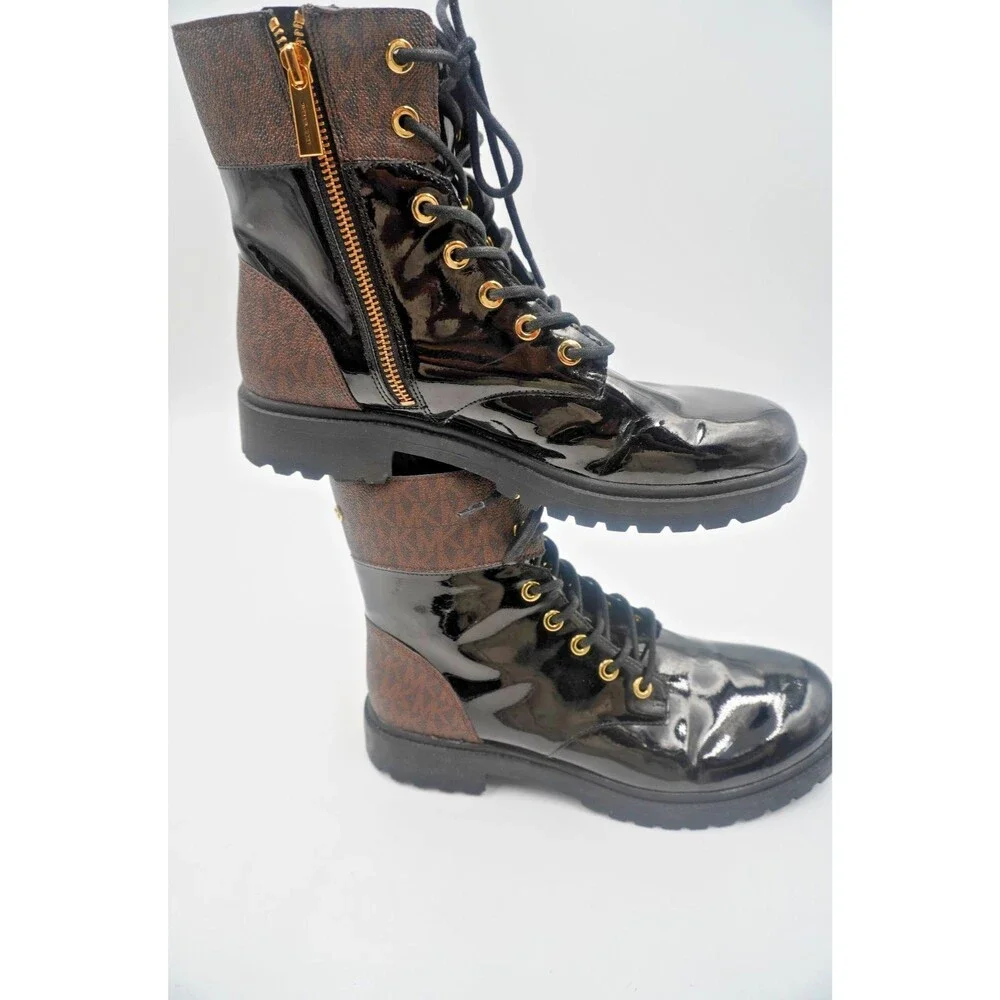 MICHAEL KORS Alistair Signature Monogram Combat Lug Sole Black Leather Boot 10M